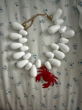 Statement White Bead Necklace with Red Crab Pendant